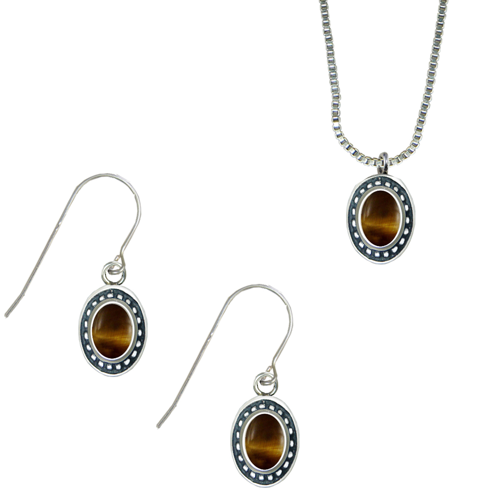 Sterling Silver Petite Necklace Earrings Set Tiger Eye